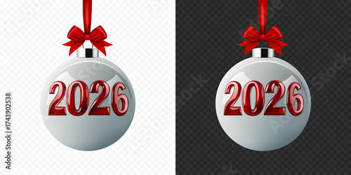 Christmas ball with red numbers 2026 with red bow, isolated.