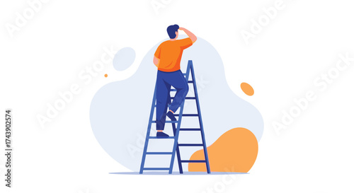 Ambitious character climbs ladder to success, searching for future opportunities and career growth in a vibrant modern vector illustration