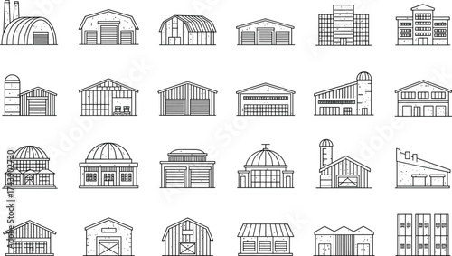 Black and white building icons, architectural line drawings, industrial structures, barns, warehouses, silos, observatories, residential homes, commercial buildings, vector set, urban 