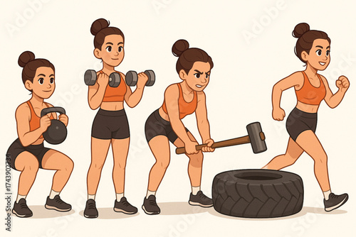 Set of Young Women Engaging in Different Fitness Exercises Cartoon Vector
