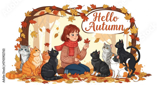 Hello Autumn Vector Set with Cats, Girl, and Fall Elements