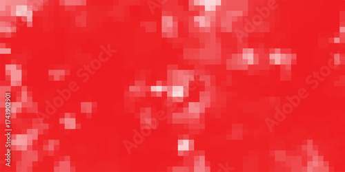 Pixelated abstract background in vibrant red with scattered white and light red squares, creating a digital glitch or low-resolution effect