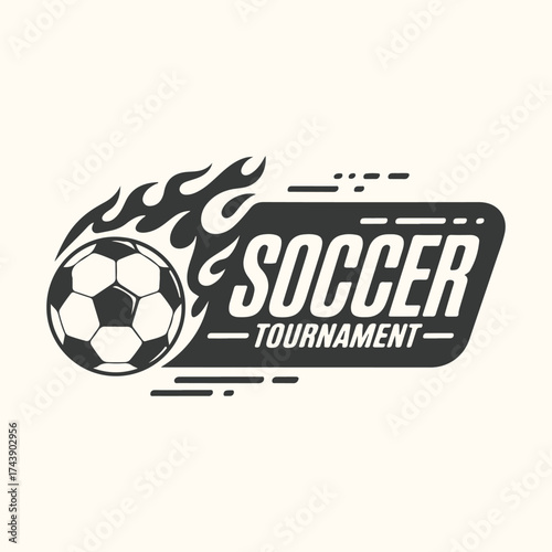 Vector art of dynamic soccer tournament logo with a flaming ball in motion, isolated on a light background, representing competition and sportsmanship