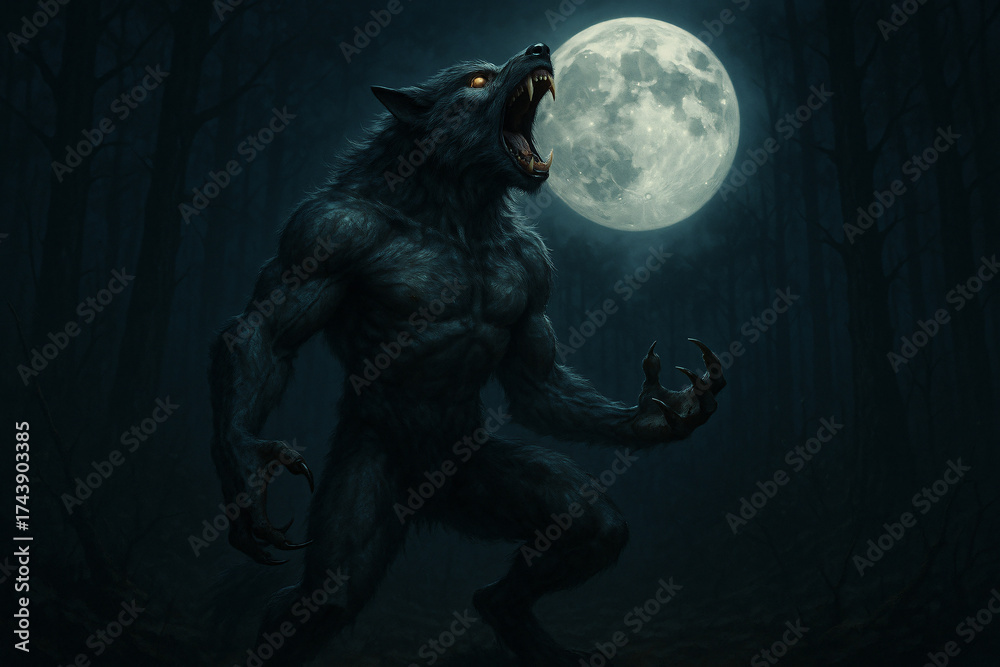 Obraz premium Werewolf howling at the full moon in a dark forest. Horror. Mystery.