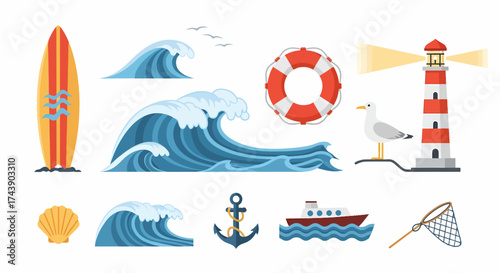 A colorful collection of flat vector illustrations featuring nautical and marine themed objects like a lighthouse, waves, surfboard, anchor, and lifebuoy.