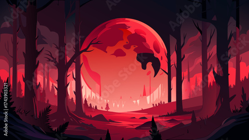 Illustration of a red moon behind a dark forest scene