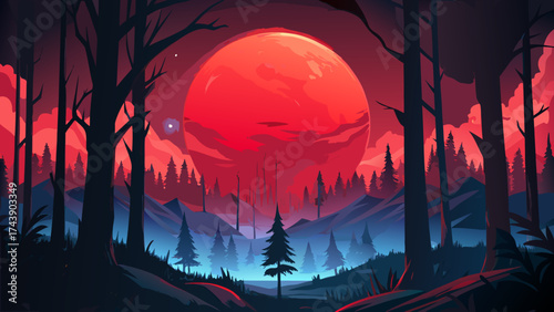 A landscape with a red moon and dark forest trees