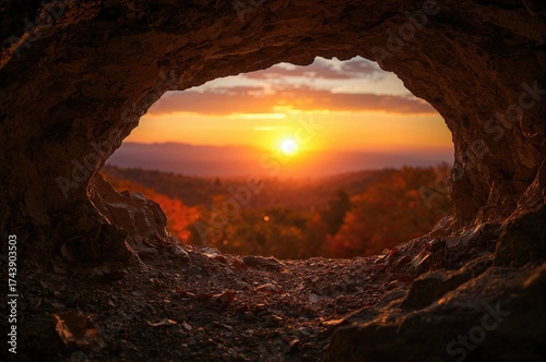 Thanksgiving theme featuring a cave against a softly focused autumn mountain sunset