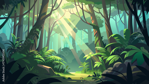 Illustration of sun rays through a dense green forest