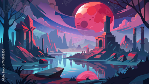 Landscape with ruins and a large moon in the background