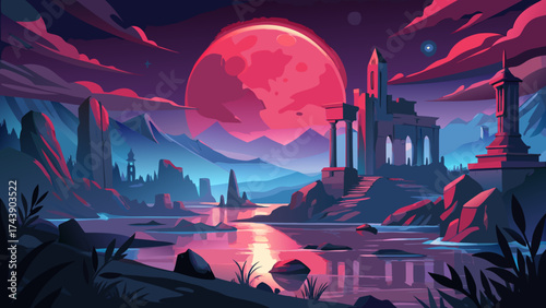 Landscape with castle ruins and a large pink moon view