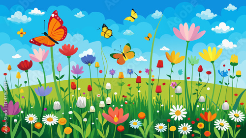 Illustration of a meadow with flowers and butterflies