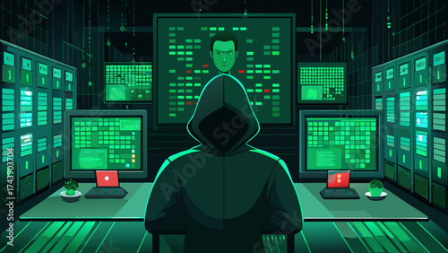 Hooded figure in a dark room with multiple computers