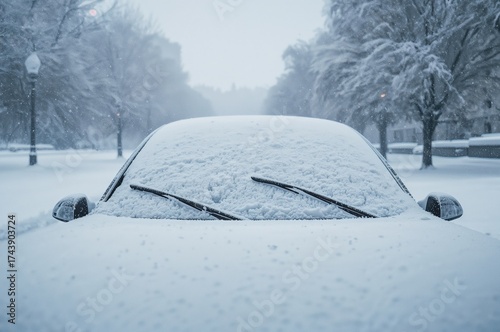 Vehicle covered in deep snow with wipers lifted from the glass. Snowstorm aftermath during winter.