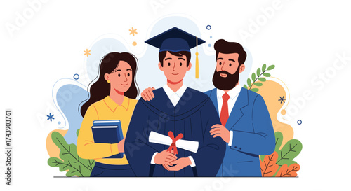 Proud graduate celebrates achievement with family support in a modern graduation ceremony illustration perfect for back to school campaigns and educational events