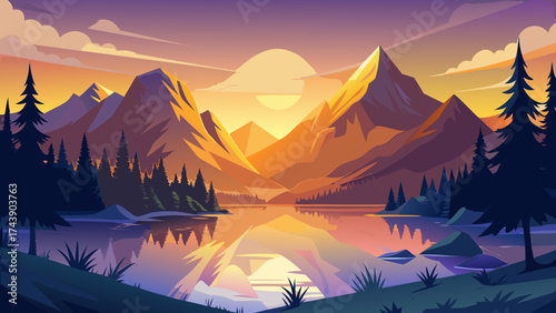 A scenic view of mountains and lake at sunset time