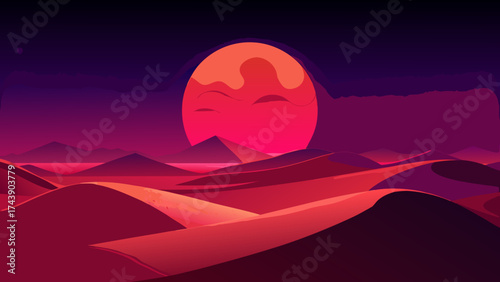Illustration of a desert landscape with a large sun