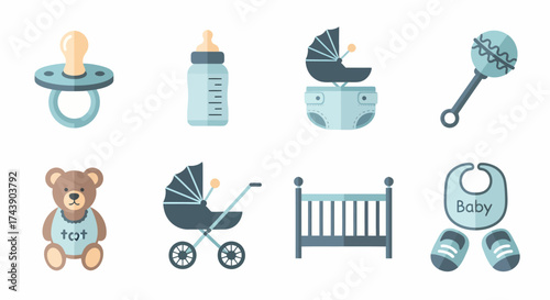 A collection of blue and teal watercolor illustrations of essential baby boy items and toys.