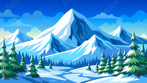 Cartoon winter landscape with snow covered mountains trees