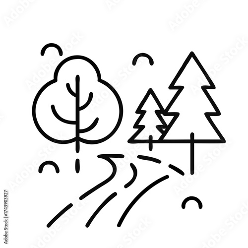 Forest trail with trees and pathway in line art style  