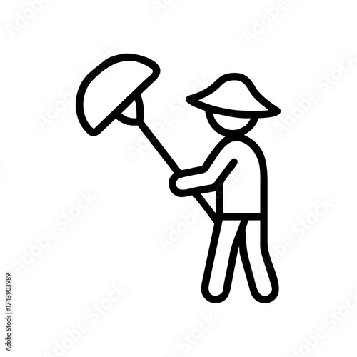 Man holding umbrella while walking in minimalist line art style  