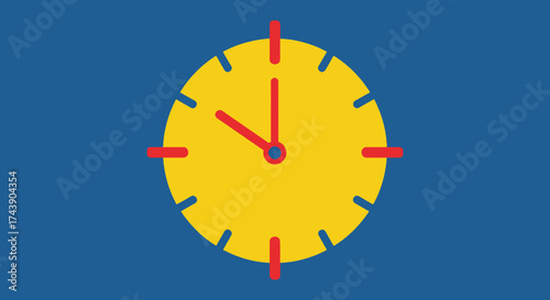 A stylized clock icon with a yellow face and red hands and indicators against a blue background