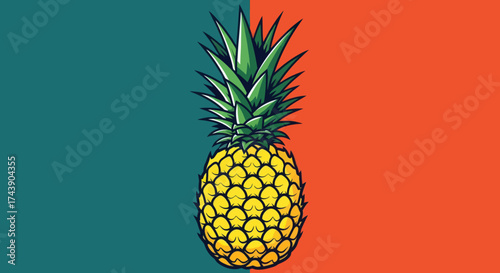 A stylized pineapple illustration with a vibrant green and red background, split vertically