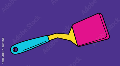 A brightly colored, flat illustration of a kitchen spatula with black outline on a purple background