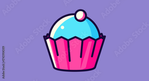 Stylized illustration of a cupcake with bright colors and a defined outline, against a purple backdrop