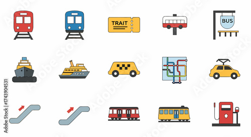 Colorful Vector Illustrations of Various Transportation Icons.
