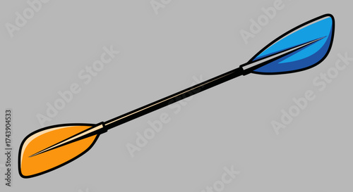 A colorful cartoon paddle on a gray background. Features blue and orange blades and a black handle