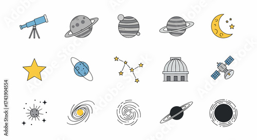 Vibrant Cartoon Space and Astronomy Icons Set: Planets Stars Telescope Galaxies Satellite Moon Black Hole.