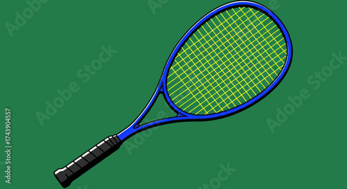 Illustration of a blue tennis racket with a yellow grid on a green background