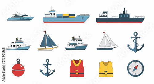 Colorful Flat Design Marine Icons Set - Ships, Boats, Anchors, Buoy, Life Vests, and Compass.