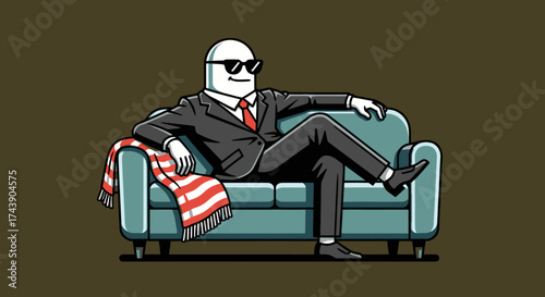 Cartoon character in suit, sunglasses, relaxing on a teal couch, red tie & striped scarf