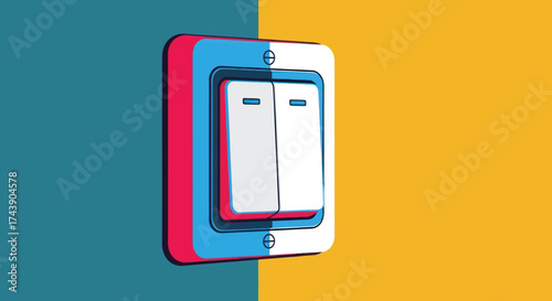 A vector illustration of a double light switch with a teal and yellow background