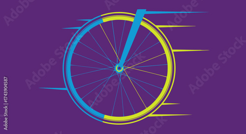 Abstract illustration of a bicycle wheel in vibrant colors on a purple background, suggesting speed