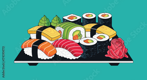 A vibrant, flat-style illustration of various sushi types on a black serving platter