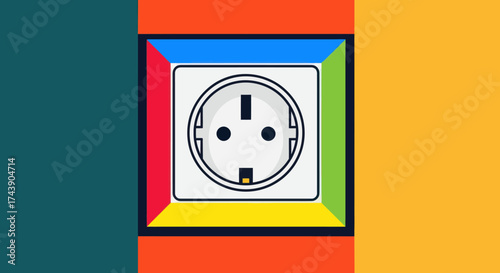 A geometric design of a white electrical outlet with two holes and a rectangular slot, multiple colors used