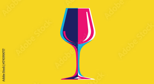 A stylized wine glass in vibrant colors of pink, blue, and white against a yellow background
