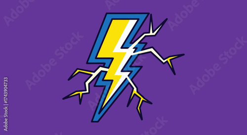 A vibrant stylized lightning bolt graphic with a purple background and cracking extensions