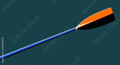 A stylized graphic of an oar, with an orange/black blade and blue/white shaft on a dark background