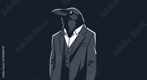 A dapper raven in a suit and tie, against a dark background, looking confidently