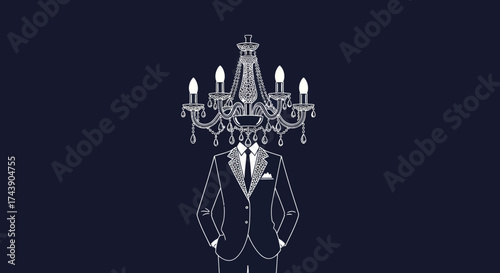 A surreal illustration shows a suit with a chandelier for a head against a dark blue backdrop