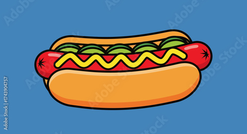 A brightly colored cartoon hot dog on a blue background, with mustard, relish, and a warm bun