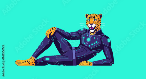 Digital art of a relaxed leopard wearing a futuristic bodysuit, turquoise backdrop
