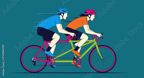 Illustration of two cyclists on a tandem bicycle, against a teal background with speed lines