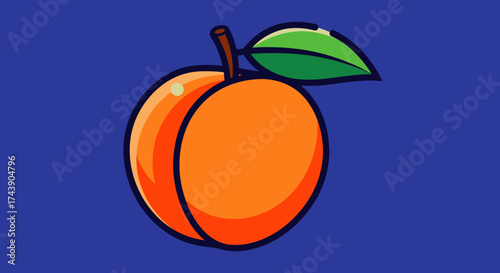 A vibrantly colored illustration of a peach with a green leaf and brown stem, set against blue