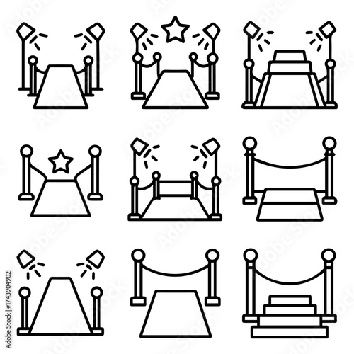 Red Carpet Event Icons with Ropes Spotlights and Star Decoration.