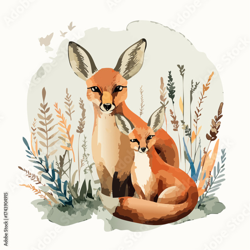 Ein junges Rehkitz und ein Fuchsbaby sitzen zusammen auf einer sonnendurchfluteten Sommerwiese.